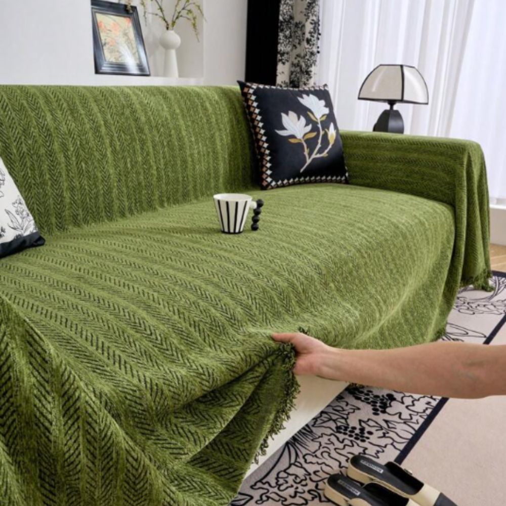 Herringbone Chenille Tassel Sofa Cover | Elegant Durable Protection