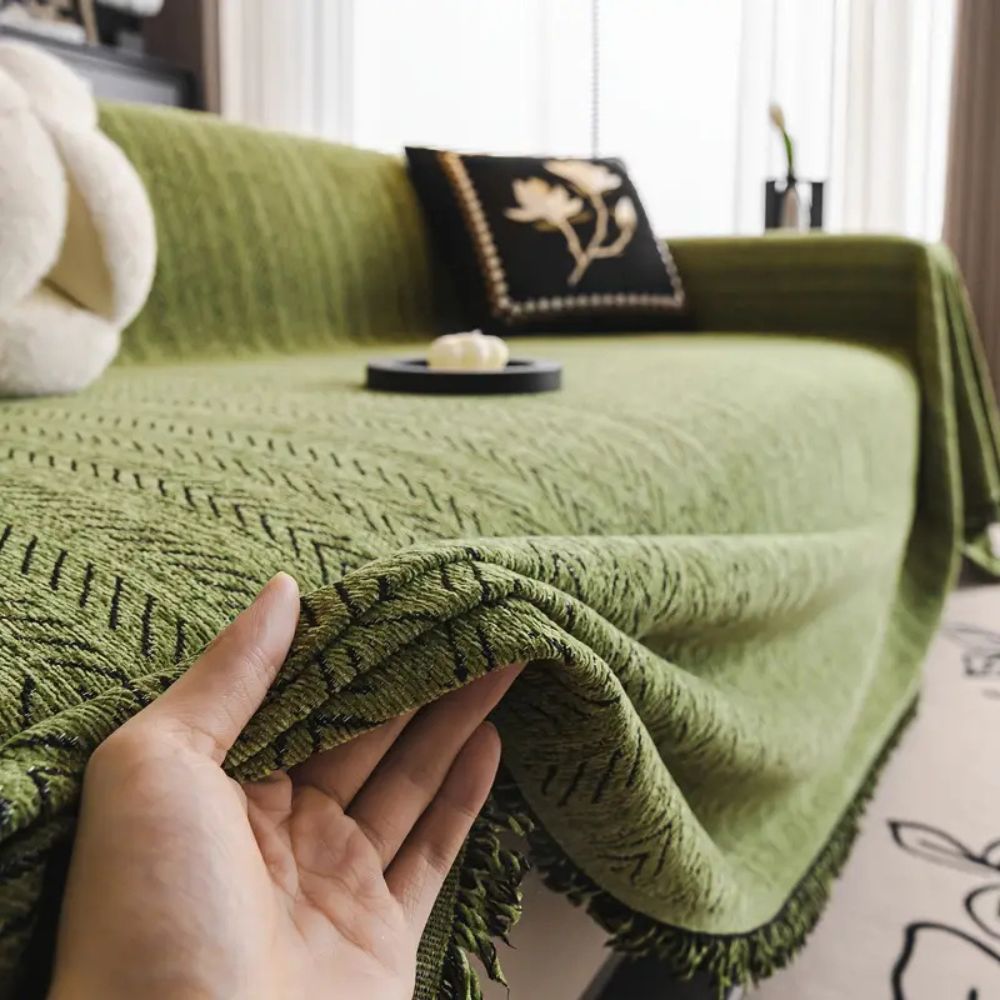 Herringbone Chenille Tassel Sofa Cover | Elegant Durable Protection