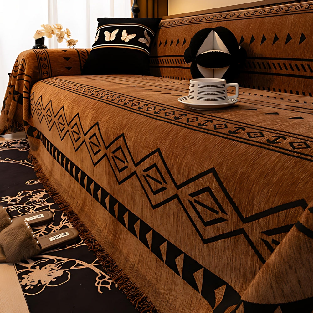 Tribal Geometric Chenille Sofa Cover | Warm Earthy Style with Lasting Comfort