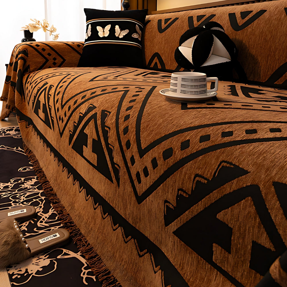 Tribal Geometric Chenille Sofa Cover | Warm Earthy Style with Lasting Comfort
